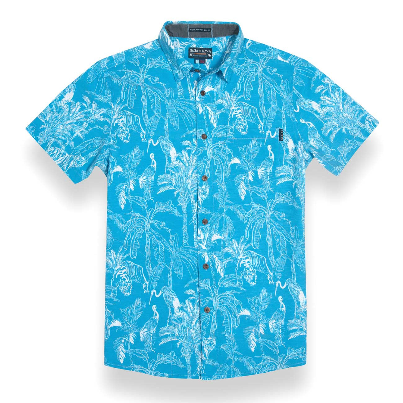 Baja Llama Blue And White Tropical Print Recycled Poly stretch short sleeve button up shirt