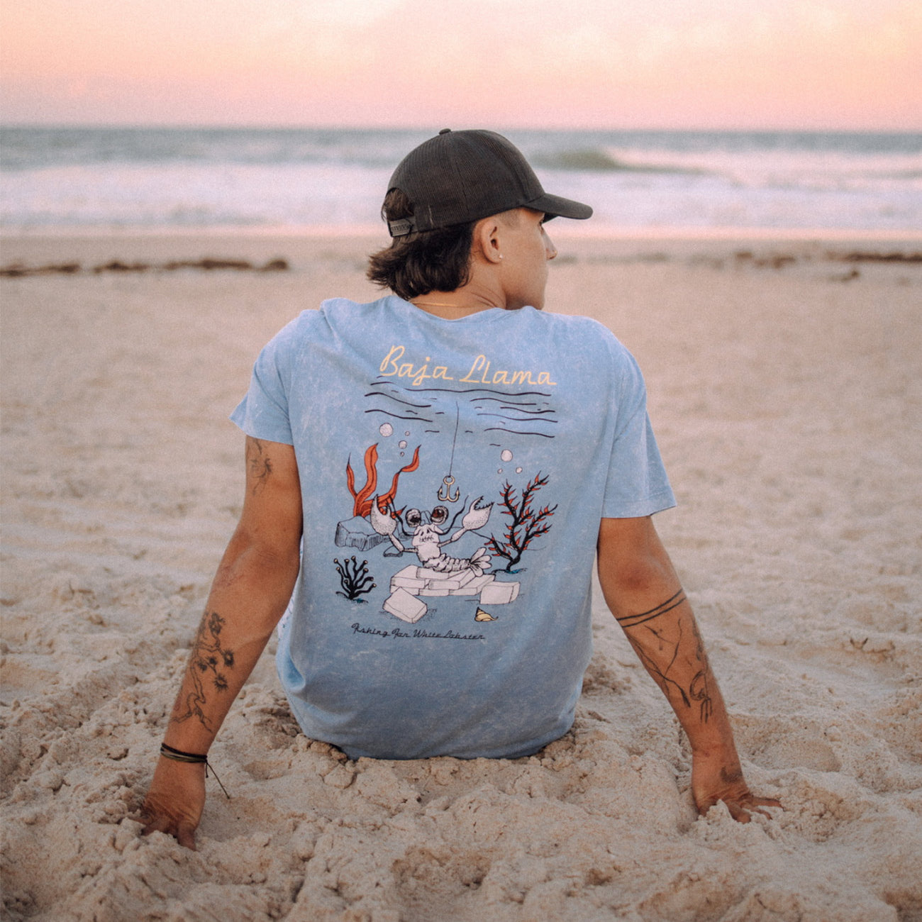 Baja Llama blue acid washed Peruvian cotton lobster graphic T-shirt