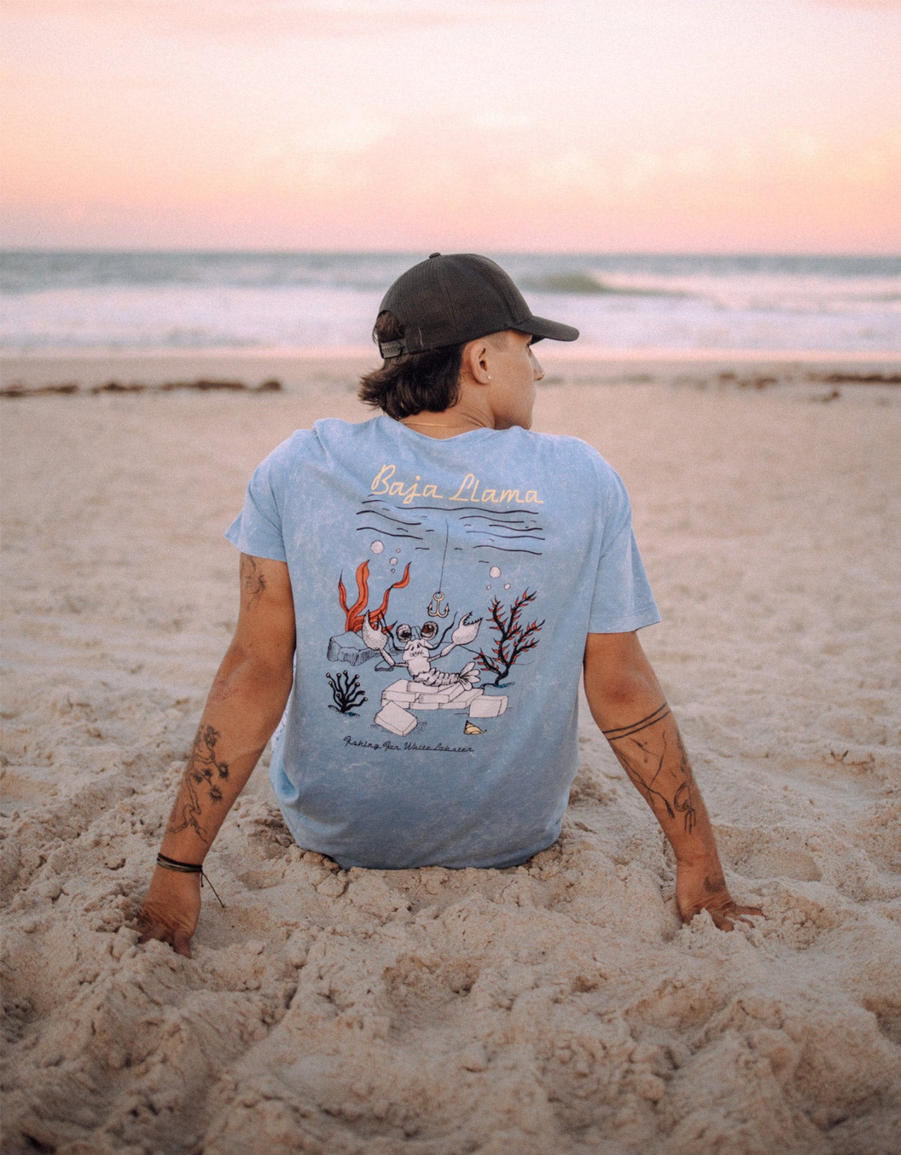 Baja Llama blue acid washed Peruvian cotton lobster graphic T-shirt