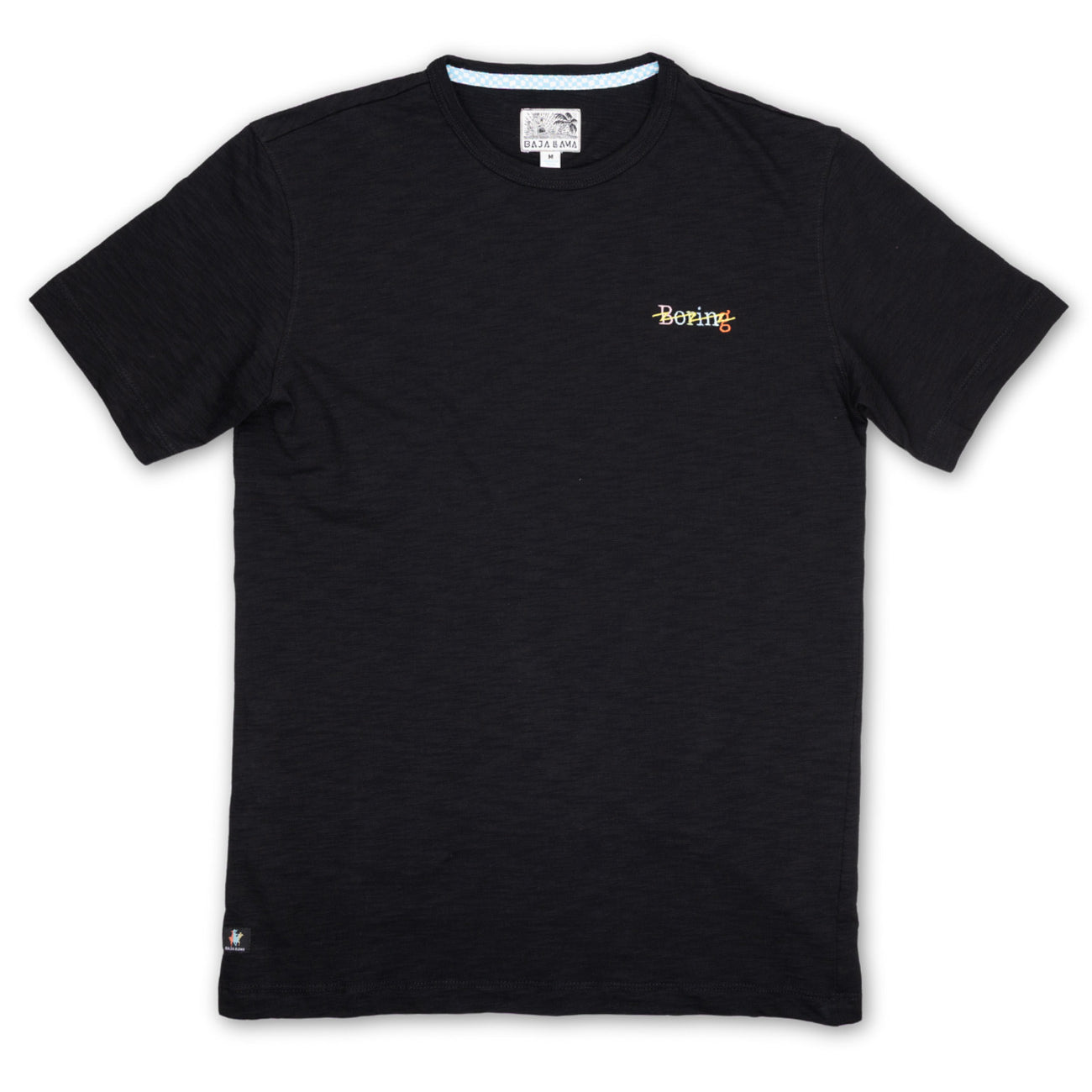 Baja Llama black slub pima cotton t-shirt with 'Boring' chest embroidery
