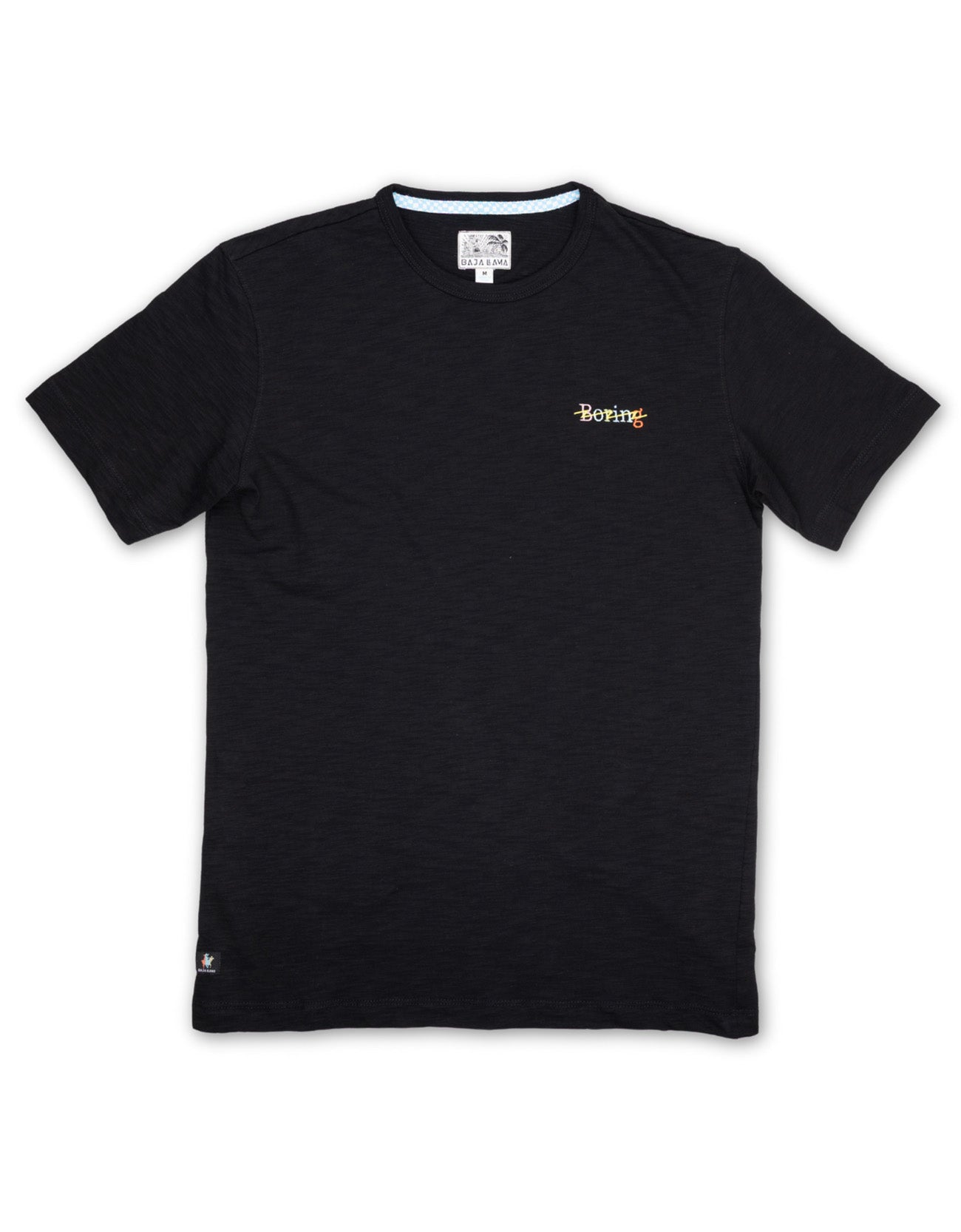 Baja Llama black slub pima cotton t-shirt with 'Boring' chest embroidery