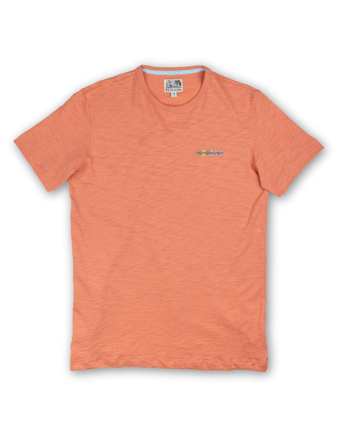 Front flat lay of coral Boring Embroidery Slub Pima tee with multicolor BORING chest embroidery