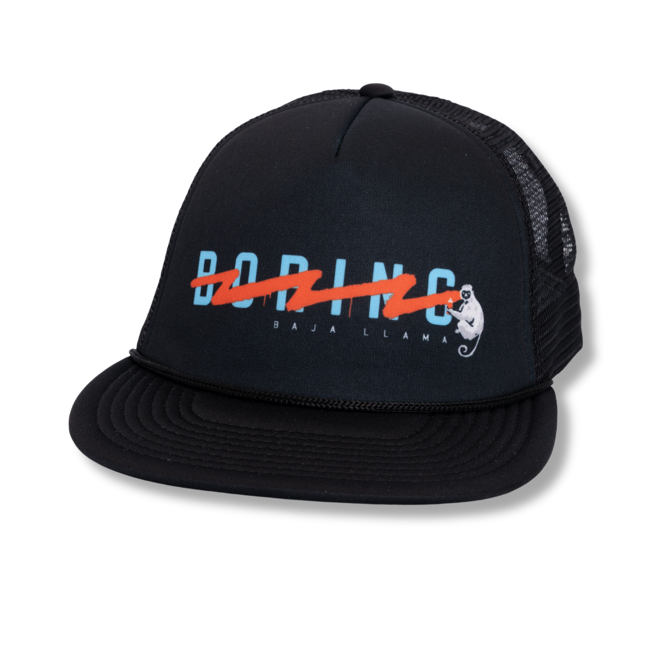 Baja Llama's Boring Black Mid Rise Trucker Snap Back Hat