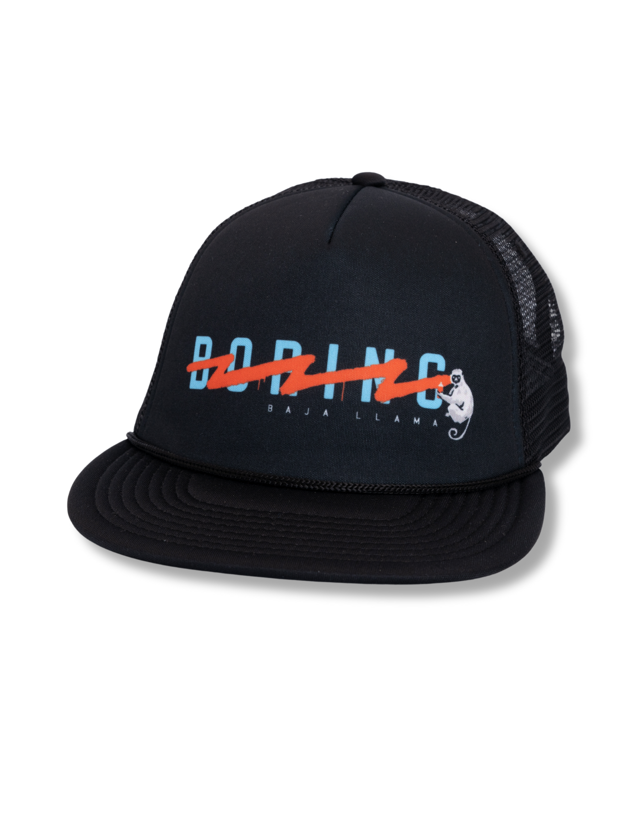 Baja Llama's Boring Black Mid Rise Trucker Snap Back Hat