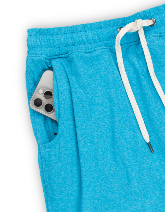 Baja Llama Mach Zero Lounge Shorts - Adriatic Blue, detail view of functional side pocket and drawstring waist.
