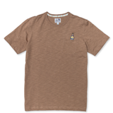 brown t-shirt with a beer embroidery logo on the pocket