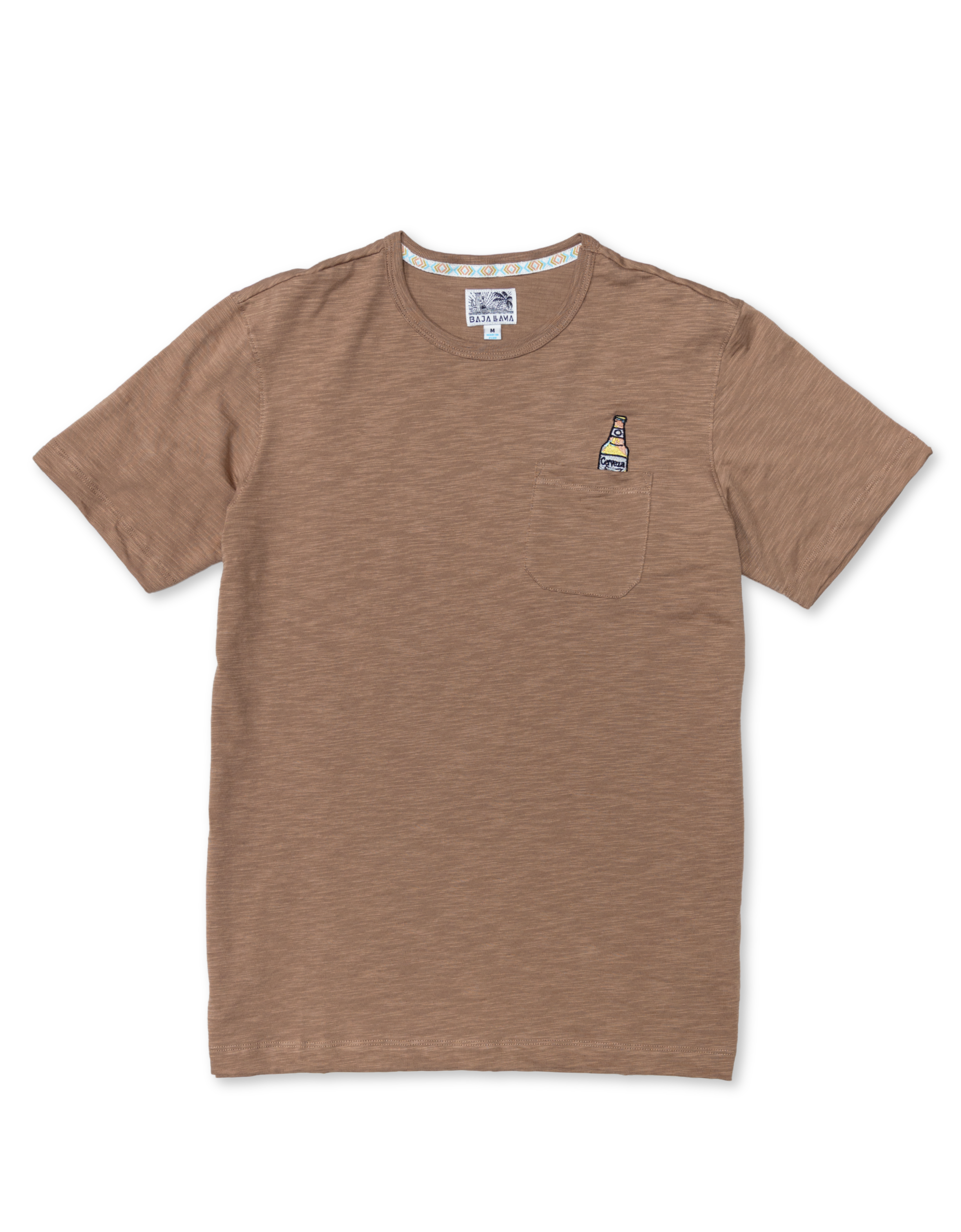 brown t-shirt with a beer embroidery logo on the pocket