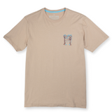 Baja Llama tan graphic tee with Peruvian Amazon treehouse print in brown and turquoise