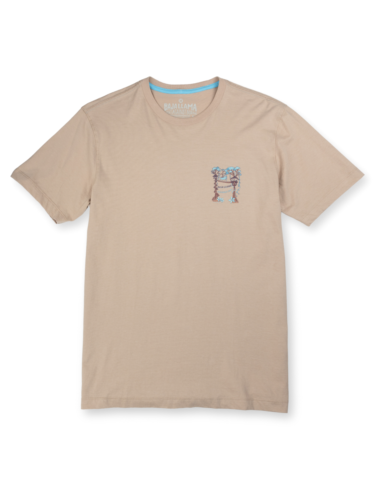 Baja Llama tan graphic tee with Peruvian Amazon treehouse print in brown and turquoise