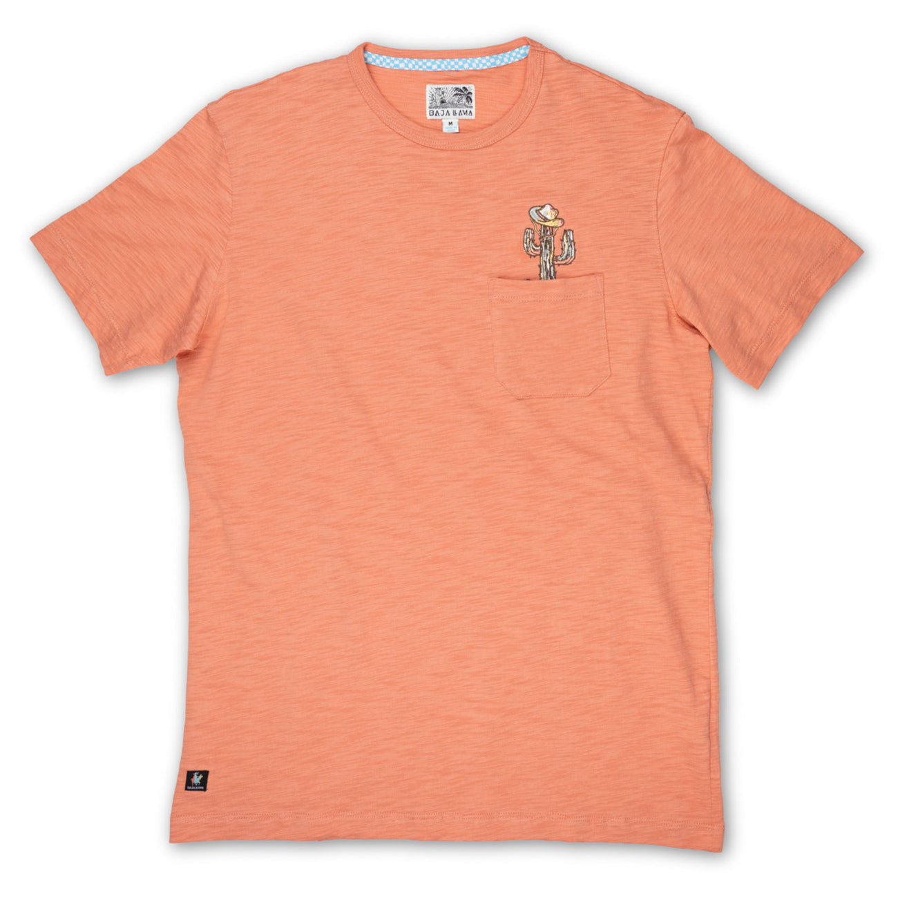 Baja Llama Cactus Hat Slub Pima Pocket Tee in orange, featuring a cactus wearing a cowboy hat embroidered detail peeking out of the front pocket.