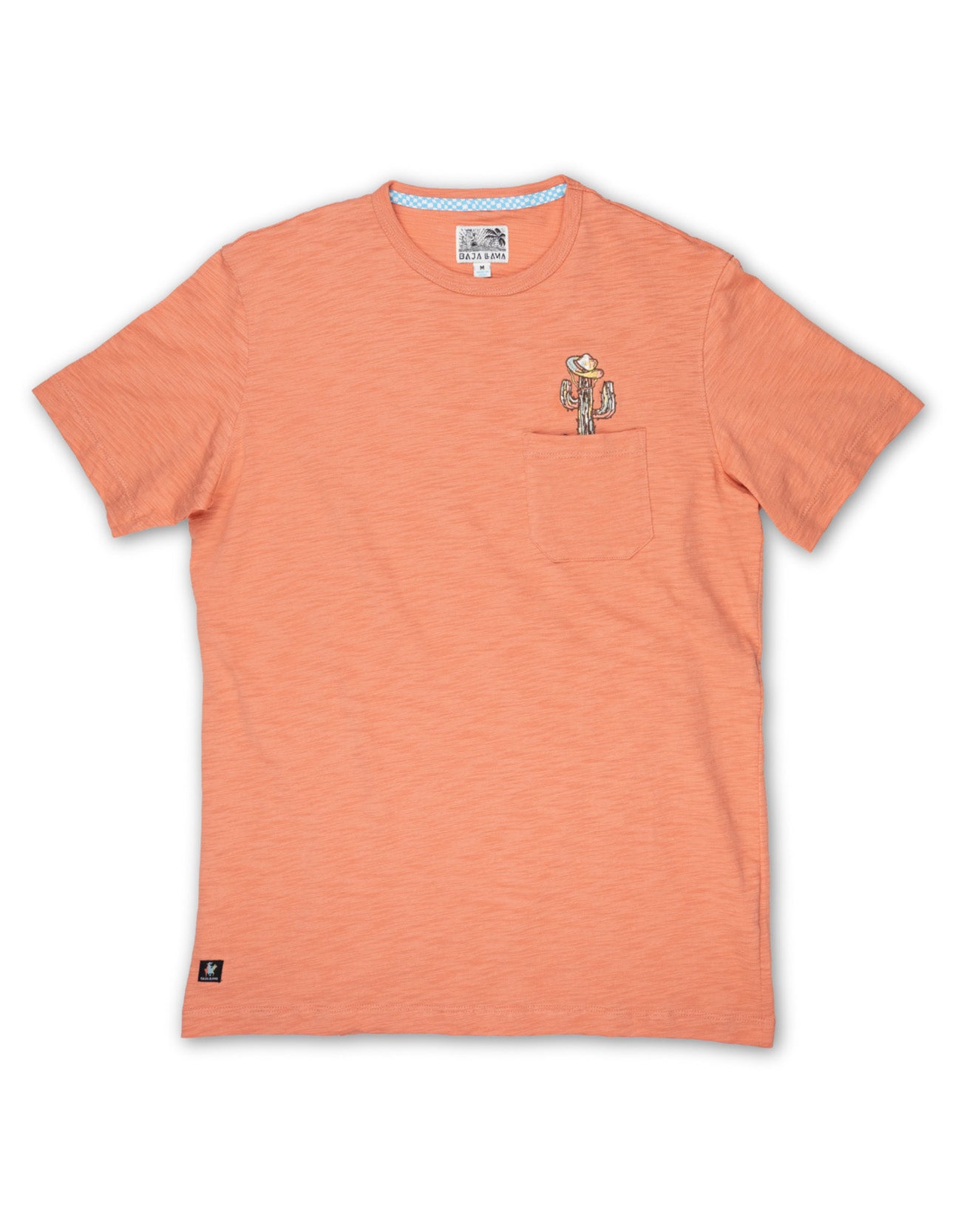 Baja Llama Cactus Hat Slub Pima Pocket Tee in orange, featuring a cactus wearing a cowboy hat embroidered detail peeking out of the front pocket.
