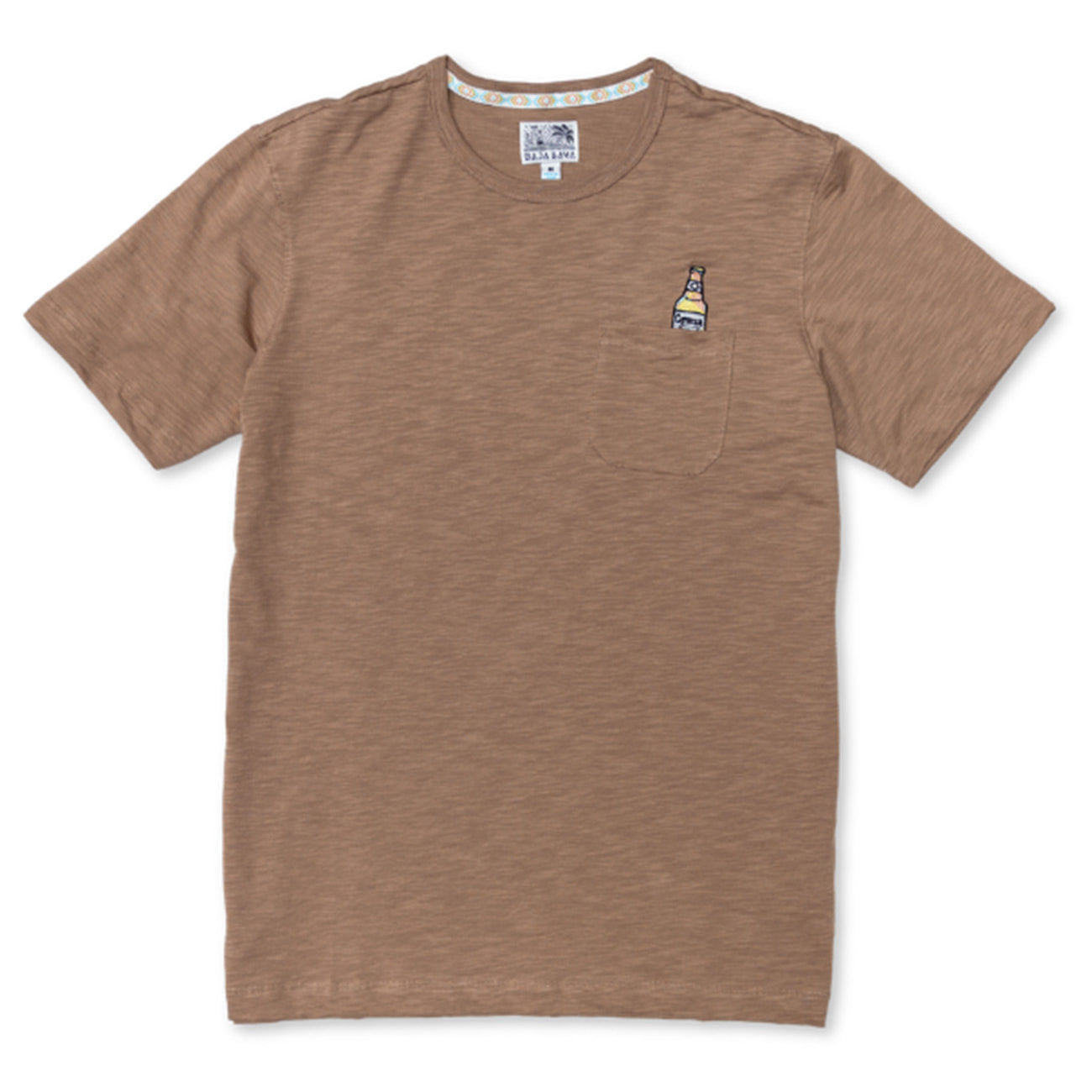 brown t-shirt with a beer embroidery logo on the pocket