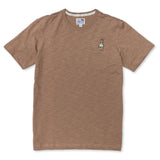 brown t-shirt with a beer embroidery logo on the pocket