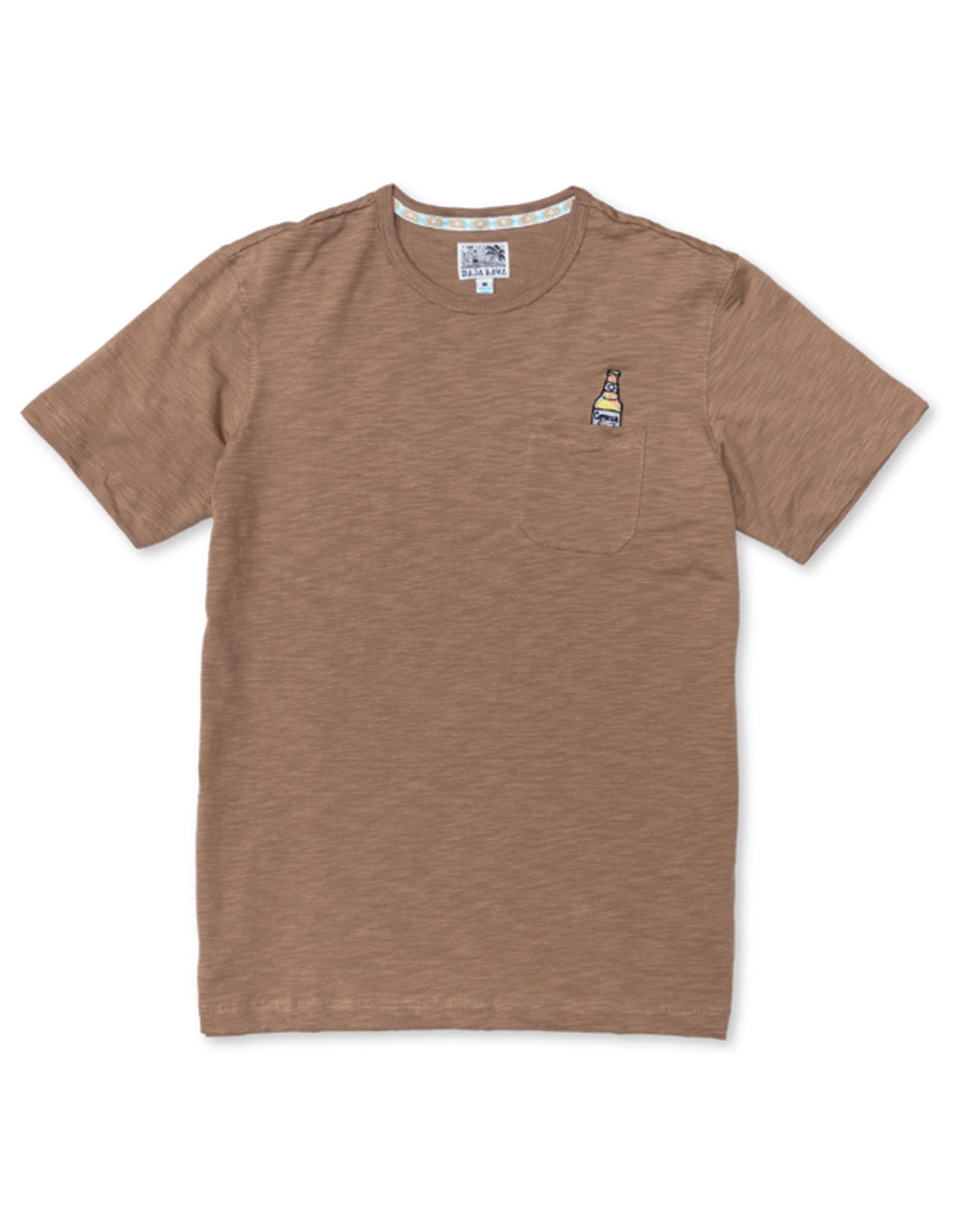 brown t-shirt with a beer embroidery logo on the pocket