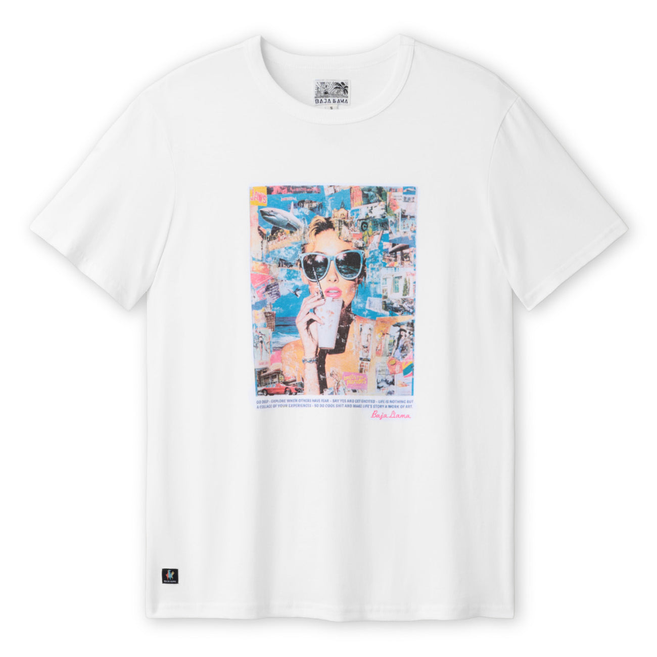 Baja Llama Collage of Life Primo S.E. Heavy Tee in white, featuring a large vibrant front graphic of a woman in sunglasses drinking from a straw surrounded by a colorful lifestyle collage.