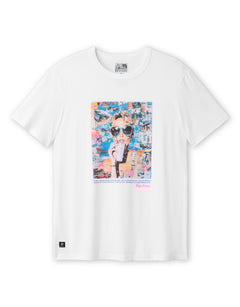 Baja Llama Collage of Life Primo S.E. Heavy Tee in white, featuring a large vibrant front graphic of a woman in sunglasses drinking from a straw surrounded by a colorful lifestyle collage.