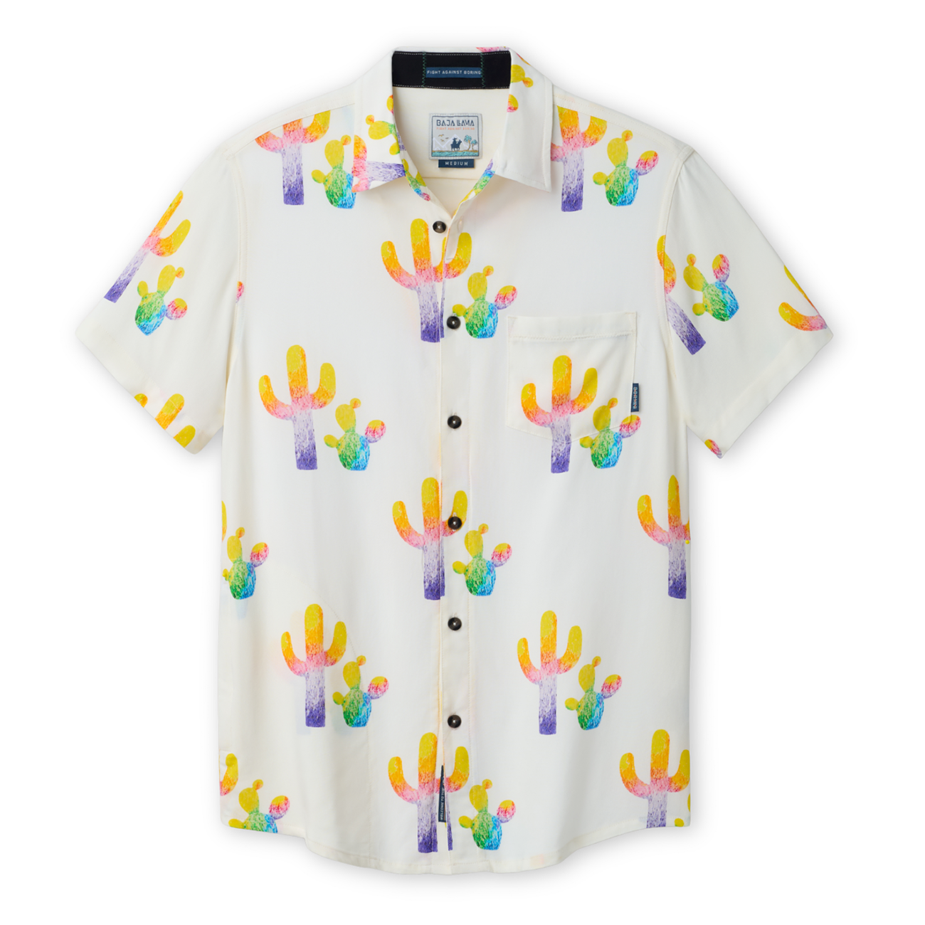 Front view of the Baja Llama Colorful Cactus Cream Nighthawk™ Relaxed Fit Button Up, featuring a vibrant, multi-colored cactus print on a lightweight cream performance fabric.