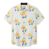 Front view of the Baja Llama Colorful Cactus Cream Nighthawk™ Relaxed Fit Button Up, featuring a vibrant, multi-colored cactus print on a lightweight cream performance fabric.
