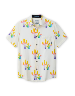 Front view of the Baja Llama Colorful Cactus Cream Nighthawk™ Relaxed Fit Button Up, featuring a vibrant, multi-colored cactus print on a lightweight cream performance fabric.