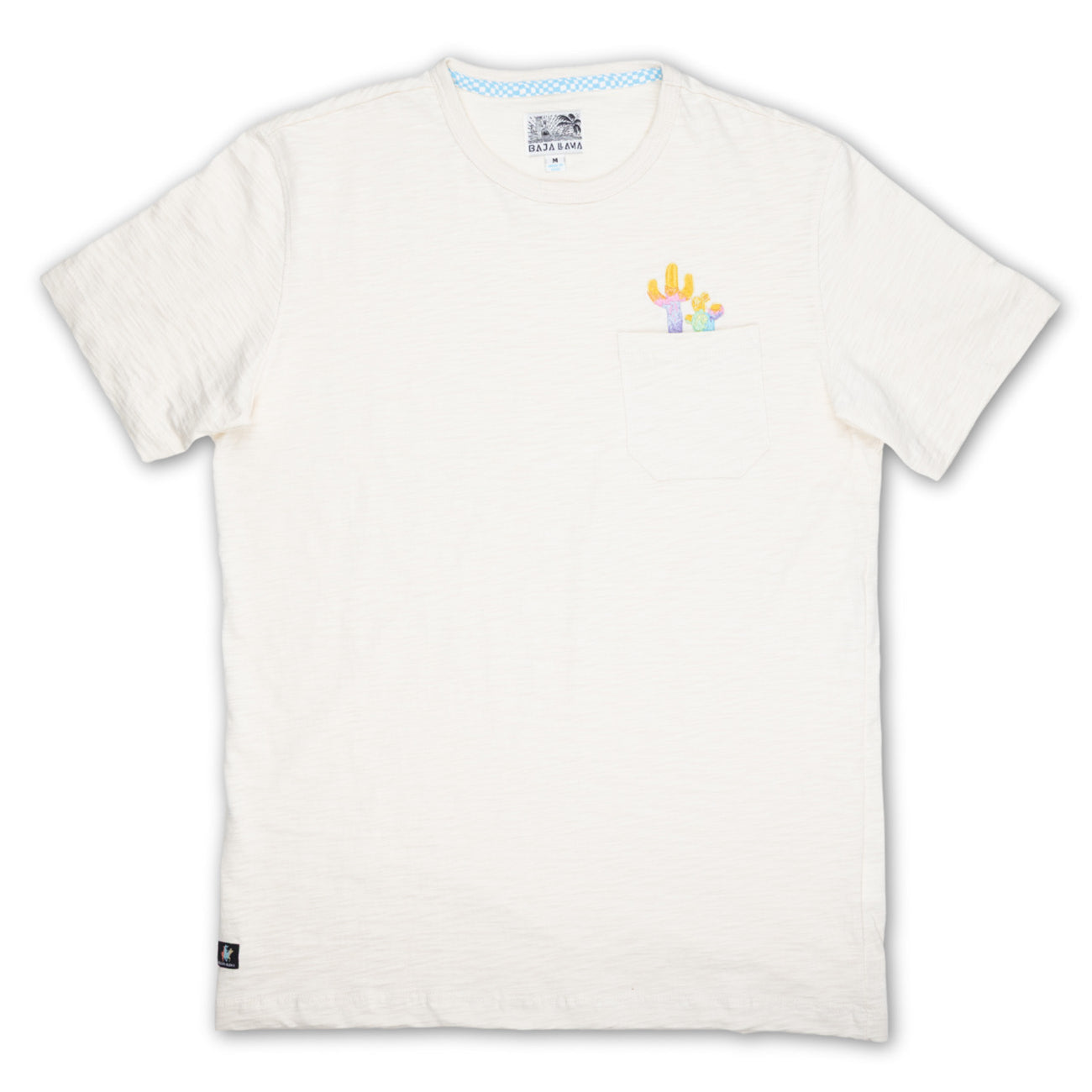 Cream-colored Baja Llama Colorful Cactus Slub Pima Pocket Tee with embroidered cactus detail.