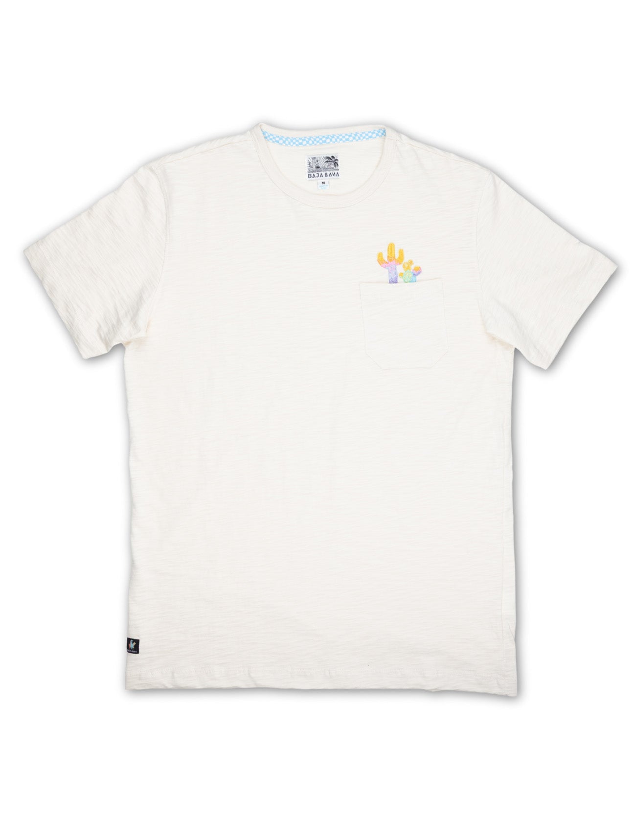 Cream-colored Baja Llama Colorful Cactus Slub Pima Pocket Tee with embroidered cactus detail.