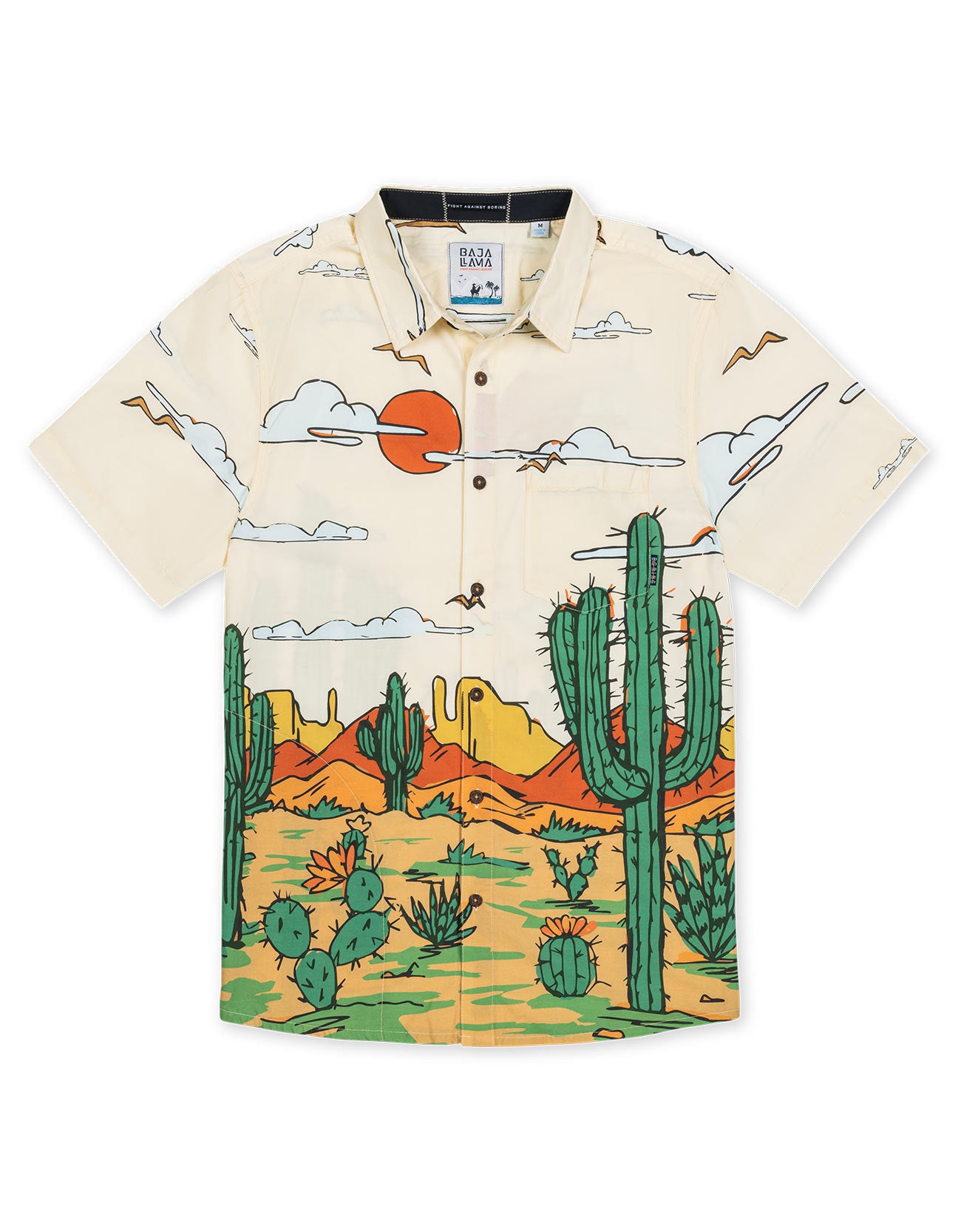 Cream short sleeve button up shirt featuring desert landscape and cactus print