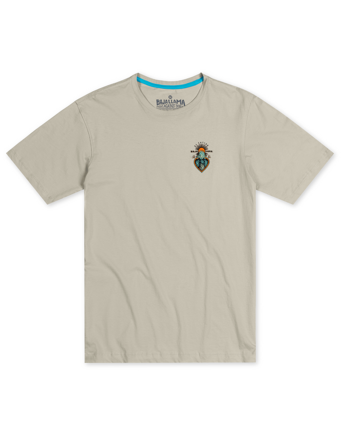 Baja Llama Agave El Sativo Cream Primo graphic tee with small colorful agave heart design on the chest.