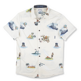 Baja Llama Light button-up with U.S. Navy inspired whimsical island and sea monster artwork. Perfect for standout tropical style.