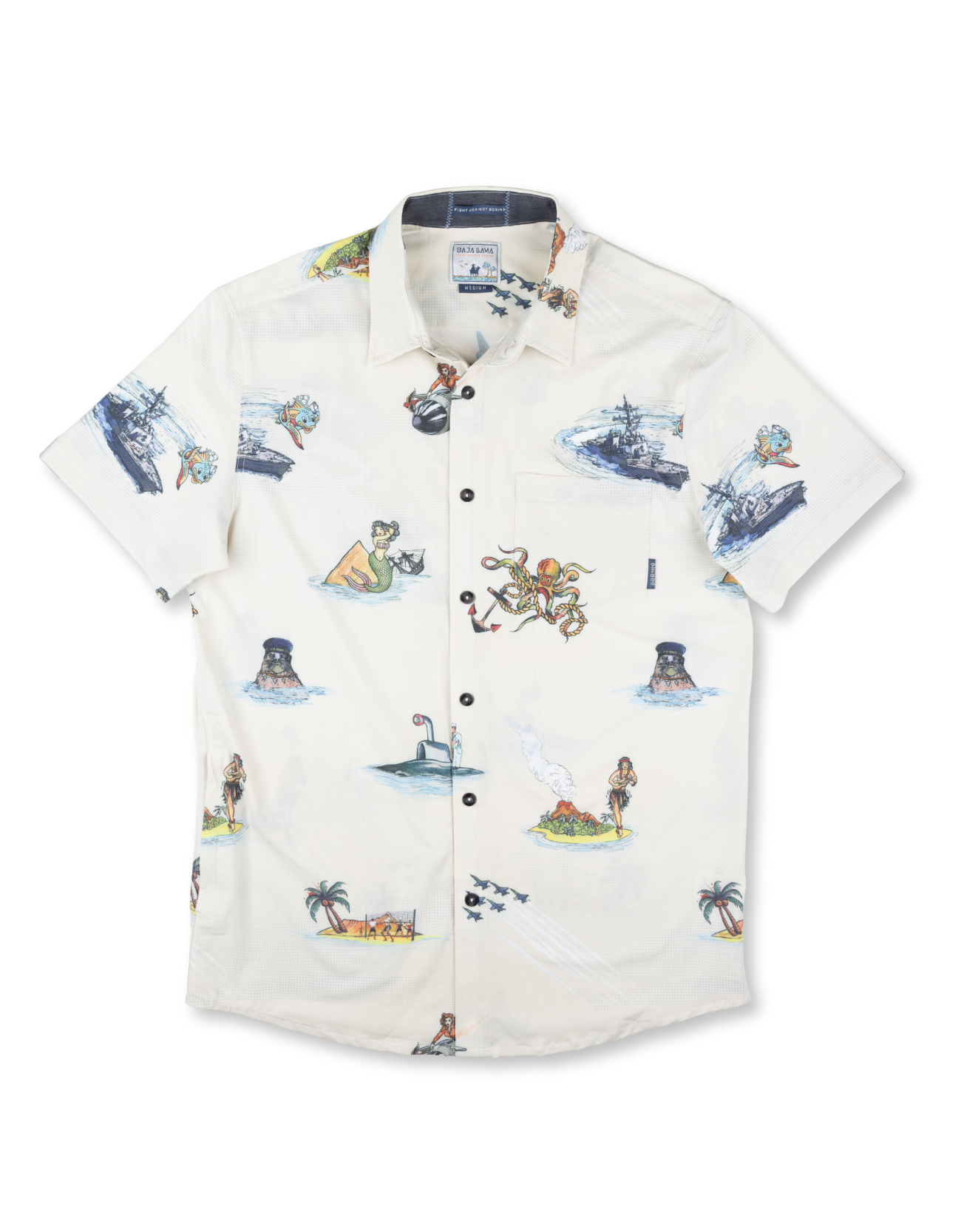 Baja Llama Light button-up with U.S. Navy inspired whimsical island and sea monster artwork. Perfect for standout tropical style.