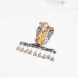 Men’s off-white graphic t-shirt featuring a colorful vulture illustration and ‘Baja Llama’ text. Retro-style striped sleeves with orange, blue, and white detailing. Soft, breathable cotton for casual comfort.