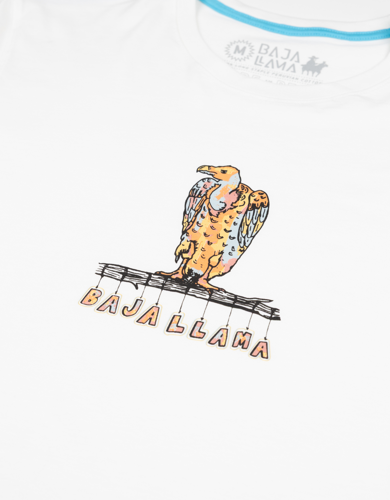 Men’s off-white graphic t-shirt featuring a colorful vulture illustration and ‘Baja Llama’ text. Retro-style striped sleeves with orange, blue, and white detailing. Soft, breathable cotton for casual comfort.