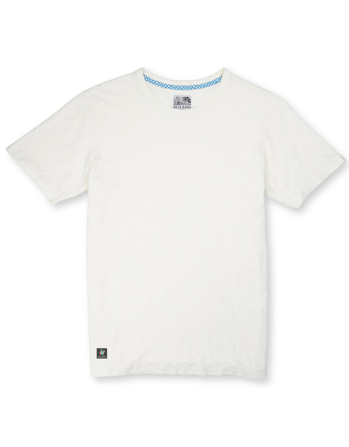 Front flat lay of cream Solid Slub Pima pocket tee with blue checkered neck tape