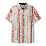Front view of the Baja Llama Cross Your Waves 7-Seas relaxed fit button-up shirt featuring a vibrant, multicolored vertical wave pattern with a chest pocket.