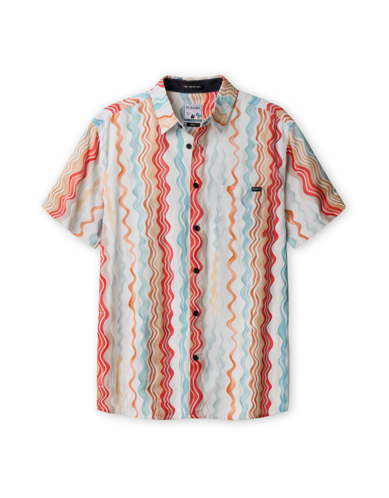 Front view of the Baja Llama Cross Your Waves 7-Seas relaxed fit button-up shirt featuring a vibrant, multicolored vertical wave pattern with a chest pocket.