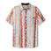 Front view of the Baja Llama Cross Your Waves 7-Seas relaxed fit button-up shirt featuring a vibrant, multicolored vertical wave pattern with a chest pocket.