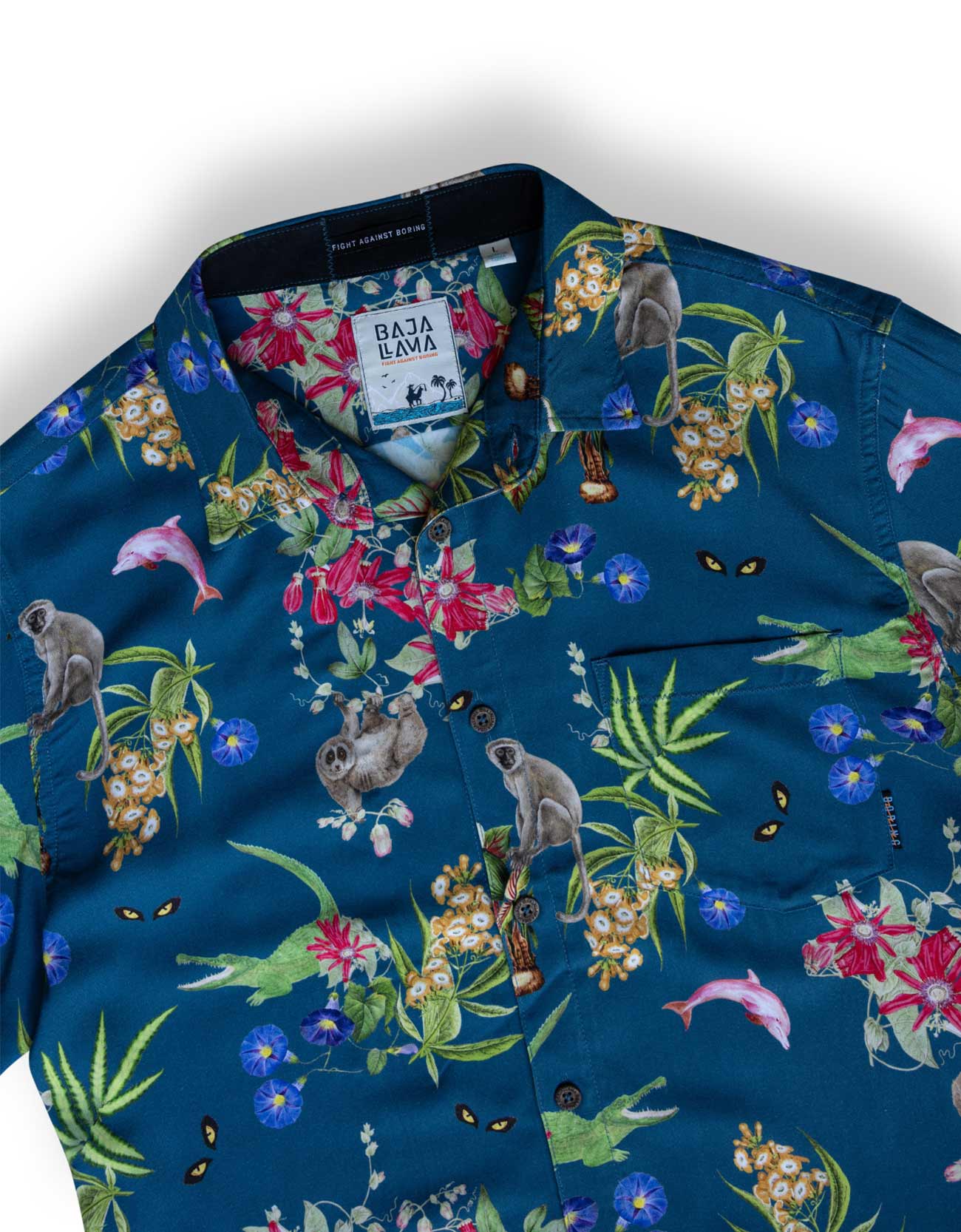 Navy button up with hand drawn pink dolphins, jungle animals and flowers print.