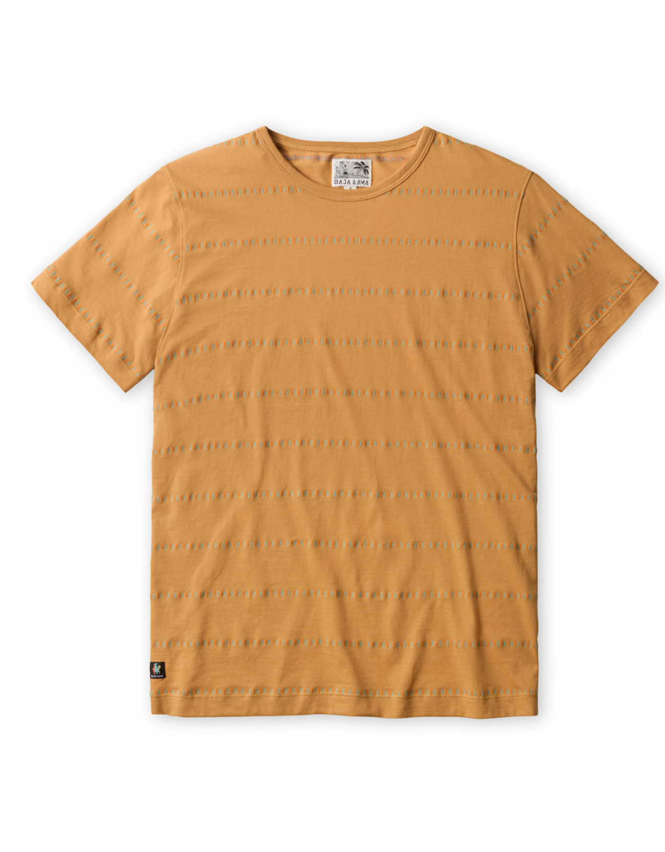 Mustard yellow/camel t-shirt with blue pattern stripes on a white background