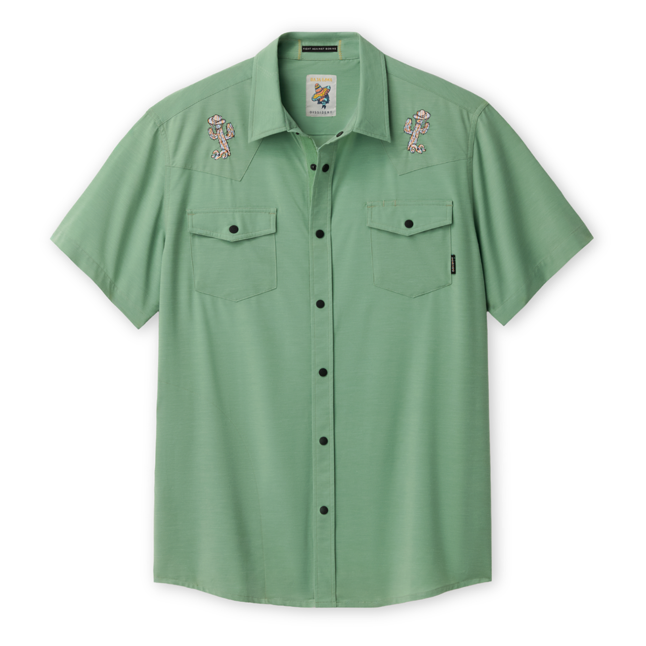Green shirt with embroidered cactus designs on a white background