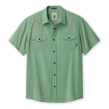 Green shirt with embroidered cactus designs on a white background