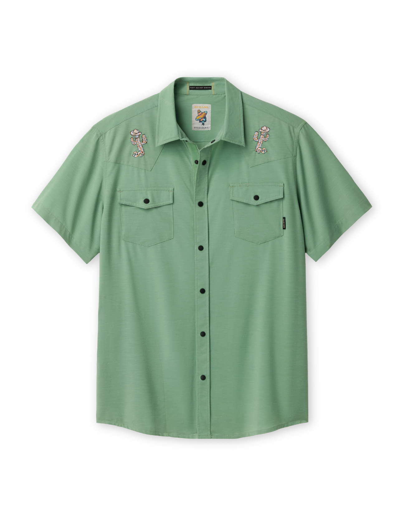 Green shirt with embroidered cactus designs on a white background