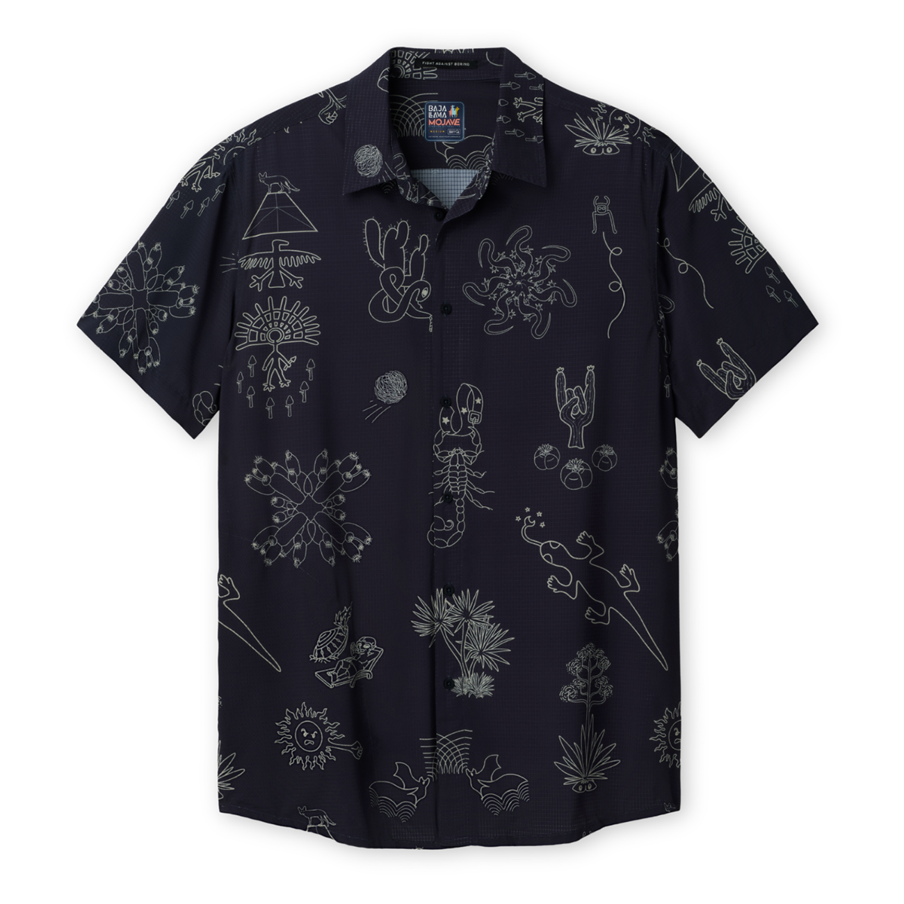 Baja Llama Desert Martians Black Chocolate Mojave perforated button-up shirt with white desert-themed graphic print.