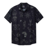 Baja Llama Desert Martians Black Chocolate Mojave perforated button-up shirt with white desert-themed graphic print.