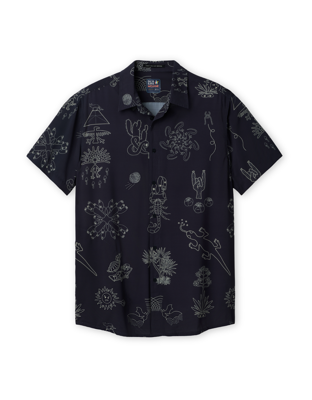 Baja Llama Desert Martians Black Chocolate Mojave perforated button-up shirt with white desert-themed graphic print.