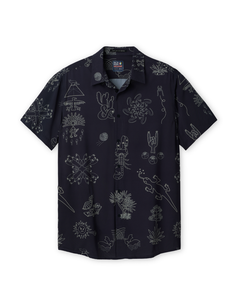 Baja Llama Desert Martians Black Chocolate Mojave perforated button-up shirt with white desert-themed graphic print.
