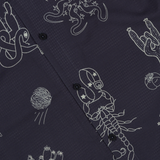 Close-up of Desert Martians print – line-art featuring scorpions, suns, pyramids, and cosmic creatures on an ultralight shirt