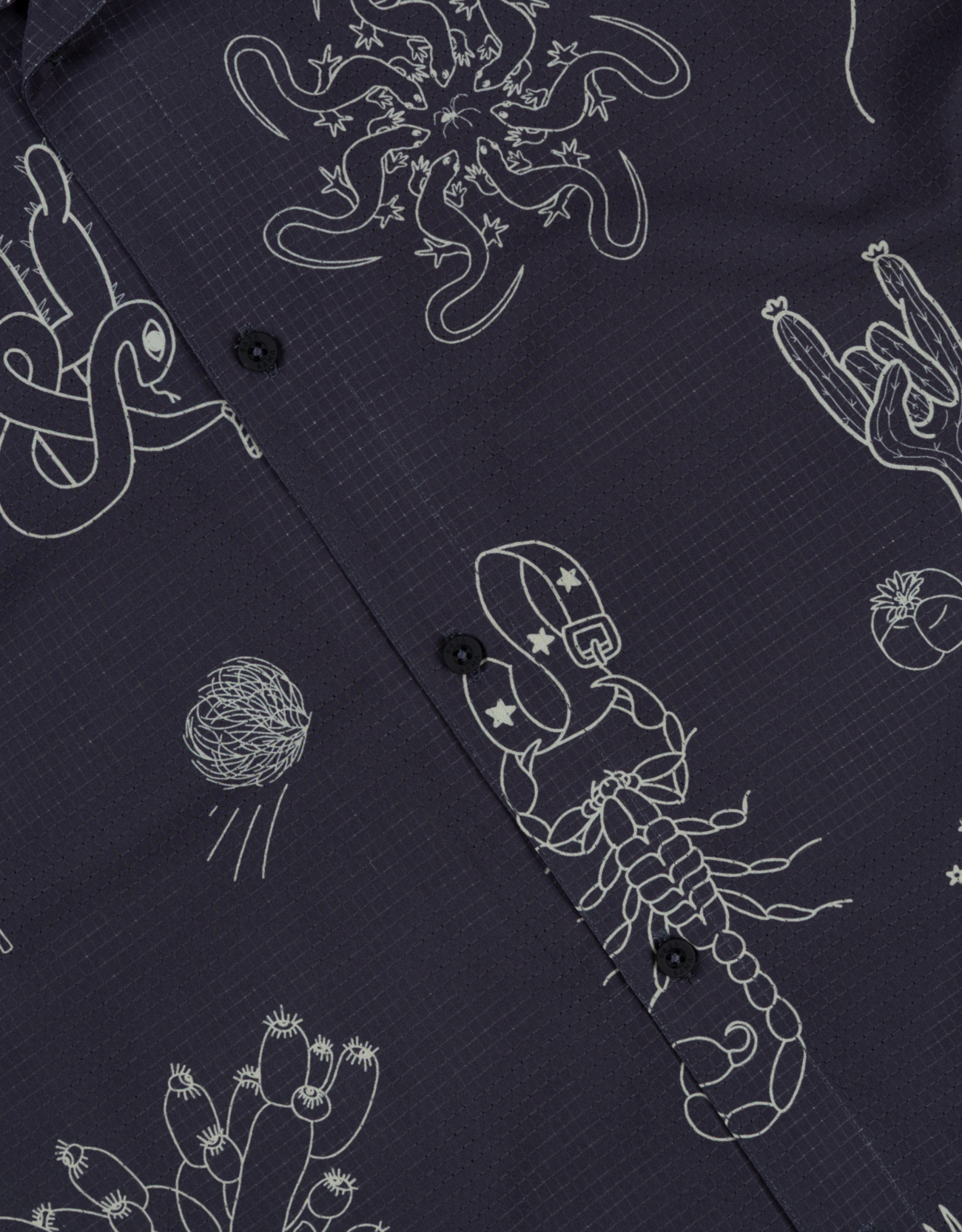 Close-up of Desert Martians print – line-art featuring scorpions, suns, pyramids, and cosmic creatures on an ultralight shirt