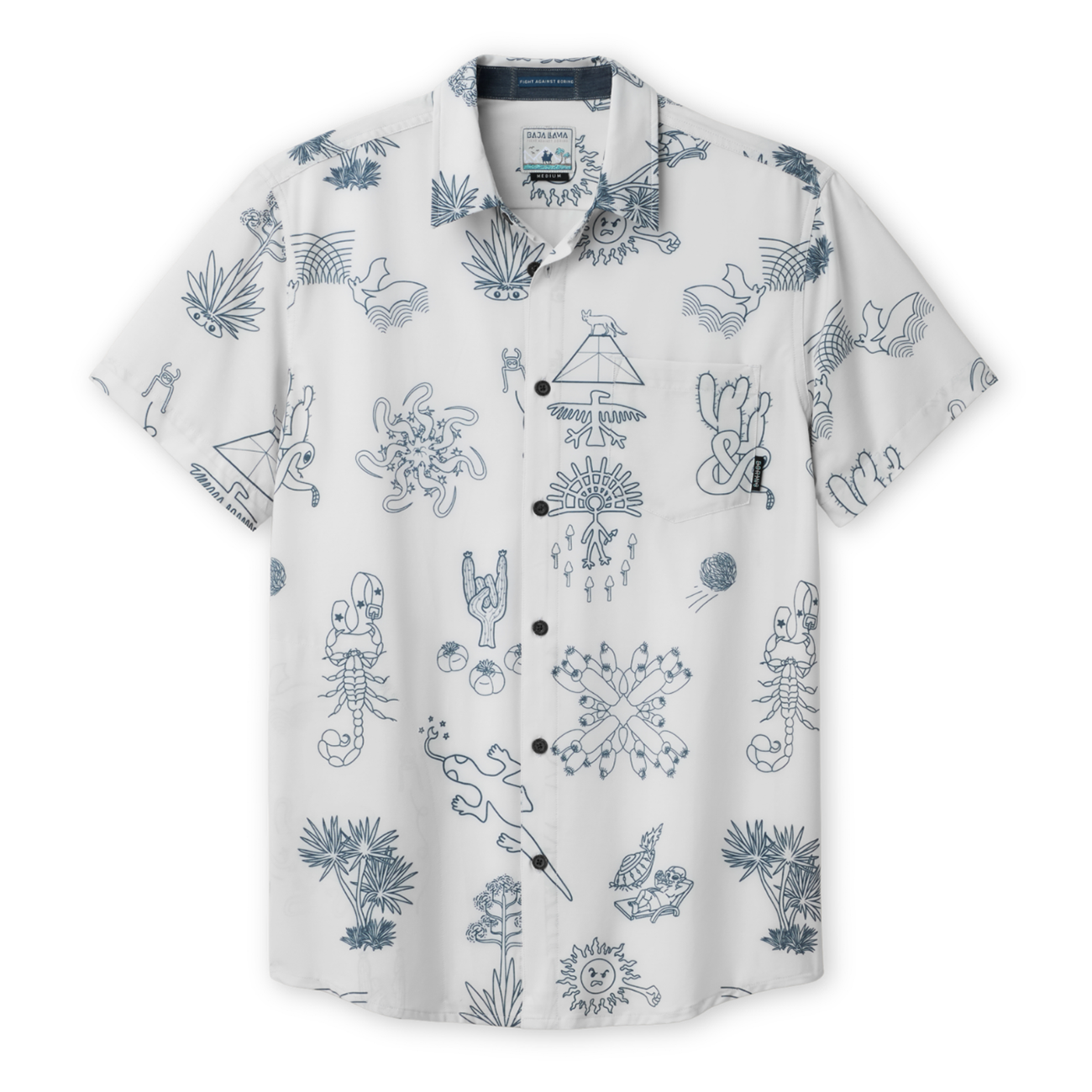 Front view of the Baja Llama Desert Martians gray Vagabond button-up shirt featuring a unique desert-themed graphic print.