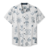 Front view of the Baja Llama Desert Martians gray Vagabond button-up shirt featuring a unique desert-themed graphic print.