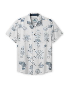 Front view of the Baja Llama Desert Martians gray Vagabond button-up shirt featuring a unique desert-themed graphic print.
