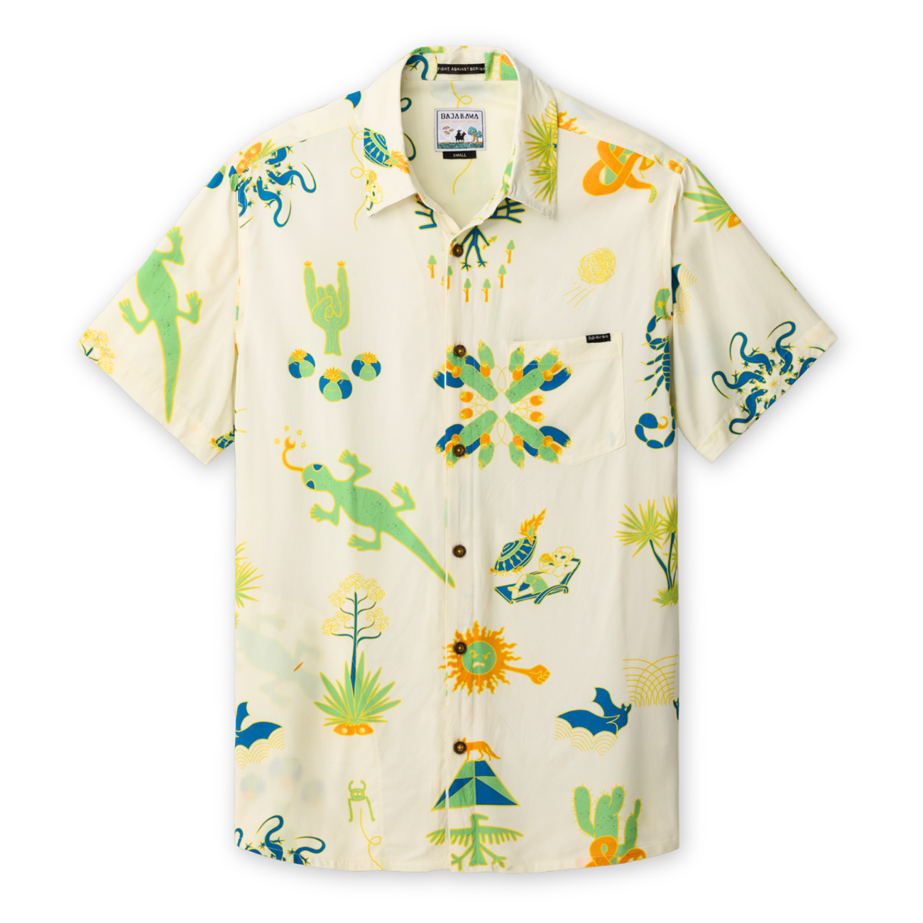 Front view of the DESERT MARTIANS - NIGHTHAWK™ RELAXED FIT BUTTON UP from Baja Llama, a light-colored, short-sleeve shirt featuring an all-over, hand-drawn print of desert icons, martians, and cacti.